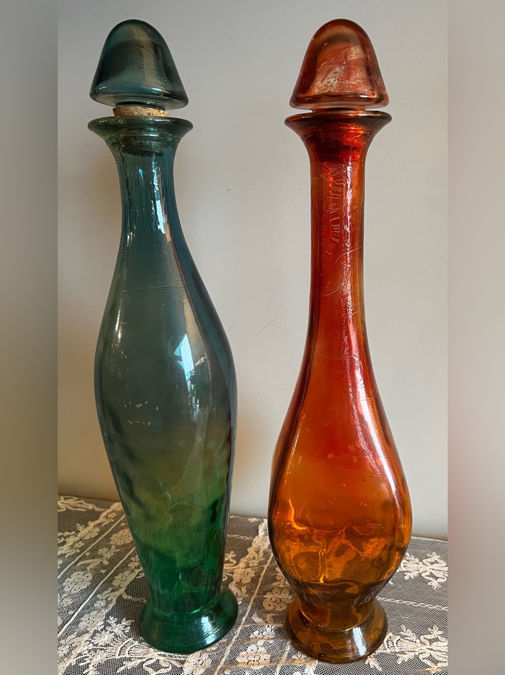 Vintage Blue-Green and 0range Glass Hand Blown Decanters Genie Bottles